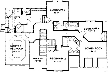 Traditional House Plan 45845 with 4 Beds, 3.5 Baths, 2 Car Garage Second Level Plan