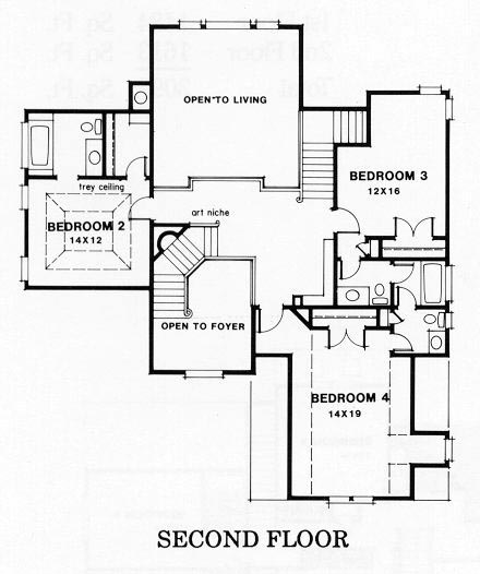 Traditional House Plan 45847 with 4 Beds, 3.5 Baths, 2 Car Garage Second Level Plan