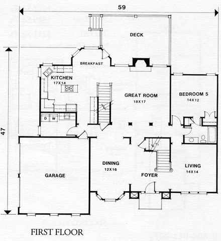 Traditional House Plan 45848 with 5 Beds, 4 Baths, 2 Car Garage First Level Plan