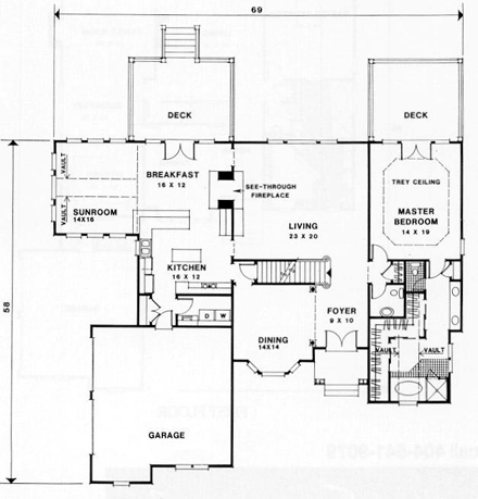 European House Plan 45849 with 4 Beds, 4 Baths, 2 Car Garage First Level Plan