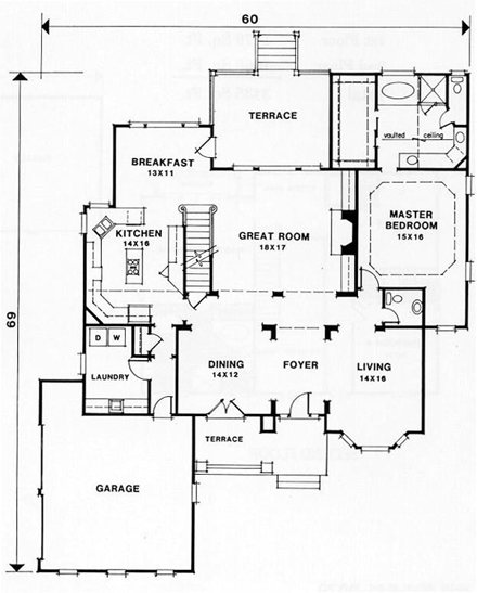 European House Plan 45851 with 5 Beds, 3.5 Baths, 2 Car Garage First Level Plan