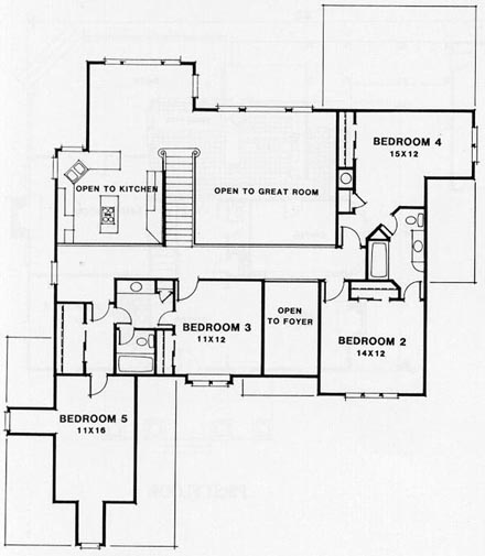 European House Plan 45851 with 5 Beds, 3.5 Baths, 2 Car Garage Second Level Plan