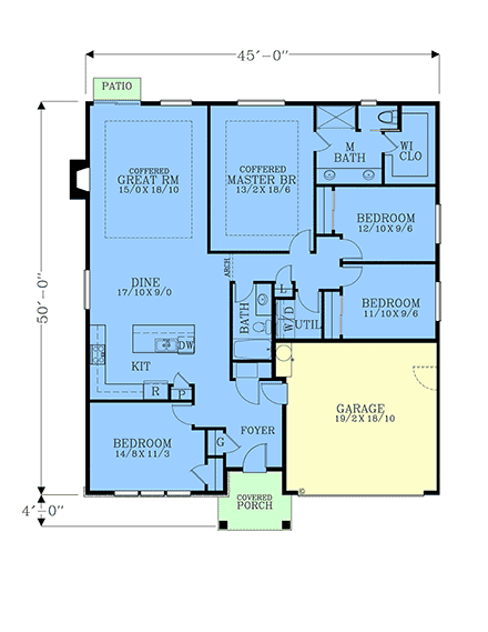 Cape Cod, Cottage, Country, Craftsman, Ranch House Plan 46299 with 4 Beds, 2 Baths, 2 Car Garage First Level Plan