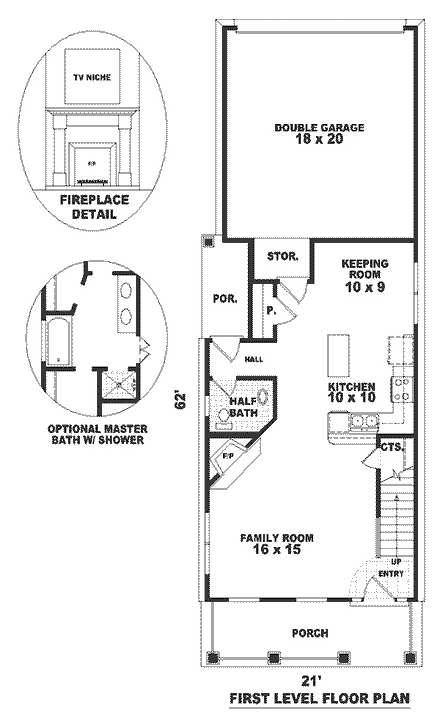 Traditional House Plan 46303 with 2 Beds, 2.5 Baths, 2 Car Garage First Level Plan