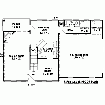 Traditional House Plan 46309 with 3 Beds, 2.5 Baths, 2 Car Garage First Level Plan