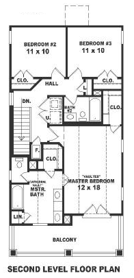 Colonial, Narrow Lot House Plan 46317 with 3 Beds, 3 Baths Second Level Plan