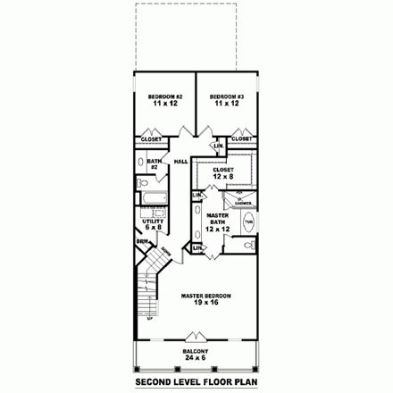 Narrow Lot House Plan 46327 with 3 Beds, 3 Baths, 2 Car Garage Second Level Plan