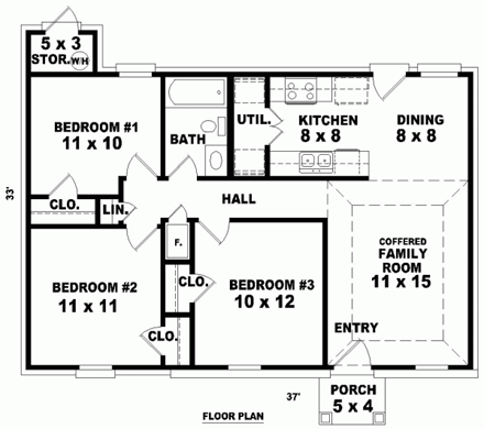 Narrow Lot, One-Story, Traditional House Plan 46328 with 3 Beds, 1 Baths First Level Plan