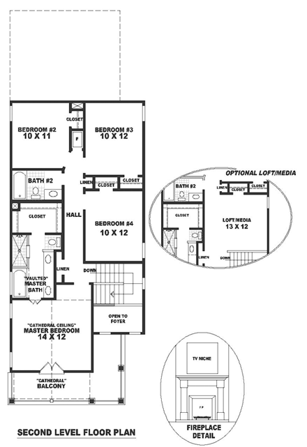 Colonial, Narrow Lot House Plan 46331 with 4 Beds, 3 Baths, 2 Car Garage Second Level Plan