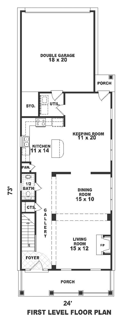 Country, Narrow Lot House Plan 46345 with 3 Beds, 3 Baths, 2 Car Garage First Level Plan