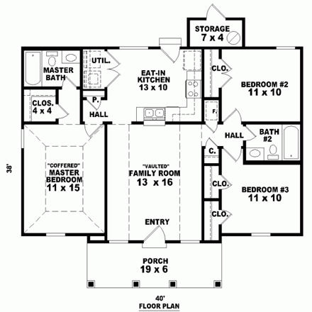 Narrow Lot, One-Story House Plan 46346 with 3 Beds, 2 Baths First Level Plan