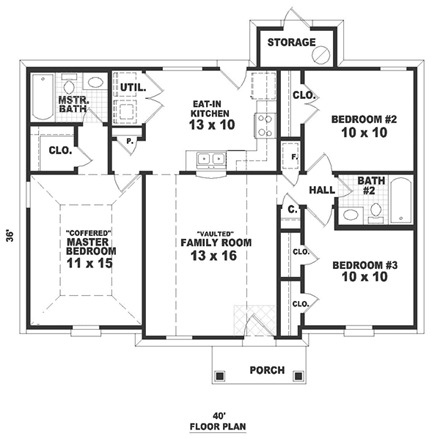 Narrow Lot, One-Story, Ranch House Plan 46347 with 3 Beds, 2 Baths First Level Plan