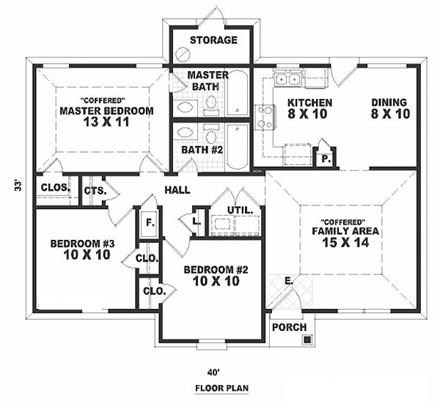 Ranch House Plan 46349 with 3 Beds, 2 Baths First Level Plan