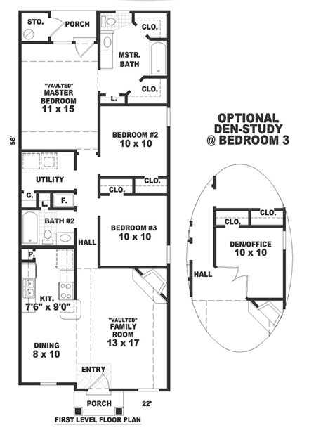 Narrow Lot, One-Story, Ranch House Plan 46353 with 3 Beds, 2 Baths First Level Plan