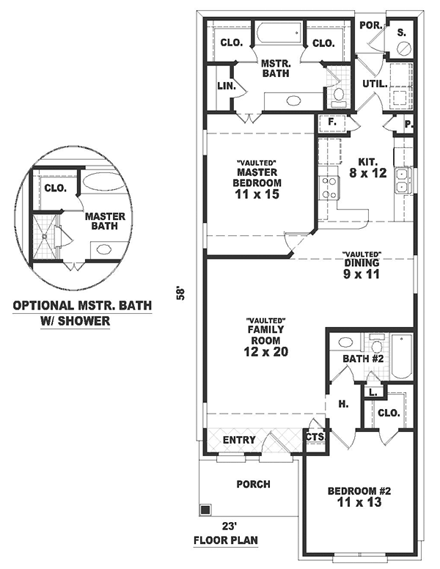 Narrow Lot, One-Story, Ranch House Plan 46355 with 2 Beds, 2 Baths First Level Plan