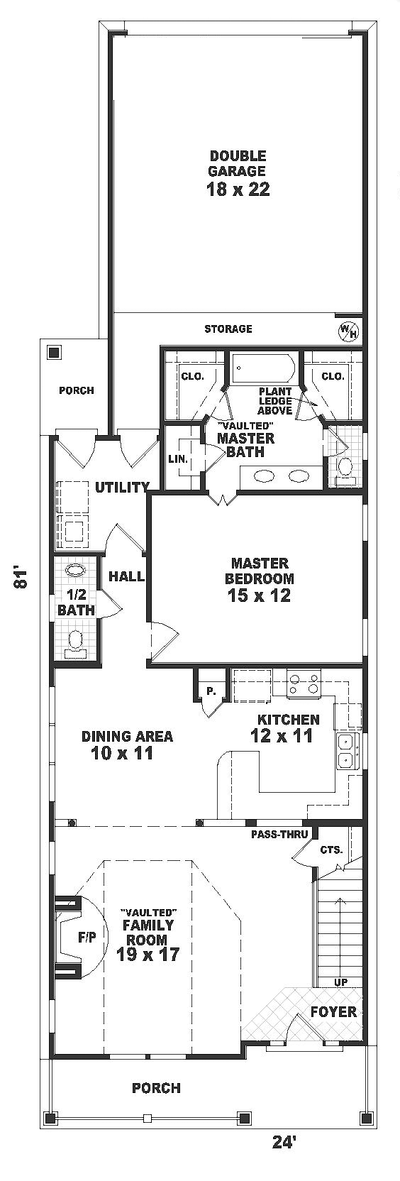 Narrow Lot, Ranch House Plan 46358 with 3 Beds, 3 Baths, 2 Car Garage Level One