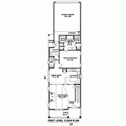 Narrow Lot House Plan 46359 with 3 Beds, 3 Baths, 2 Car Garage First Level Plan