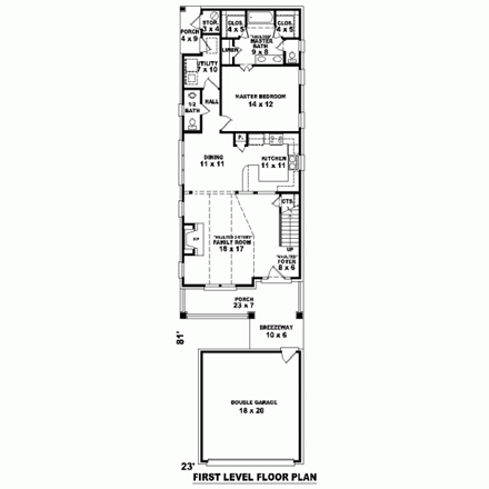 Narrow Lot House Plan 46360 with 3 Beds, 3 Baths, 2 Car Garage First Level Plan