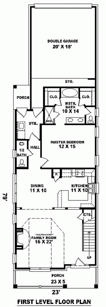 Country, Narrow Lot House Plan 46367 with 4 Beds, 3 Baths, 2 Car Garage First Level Plan