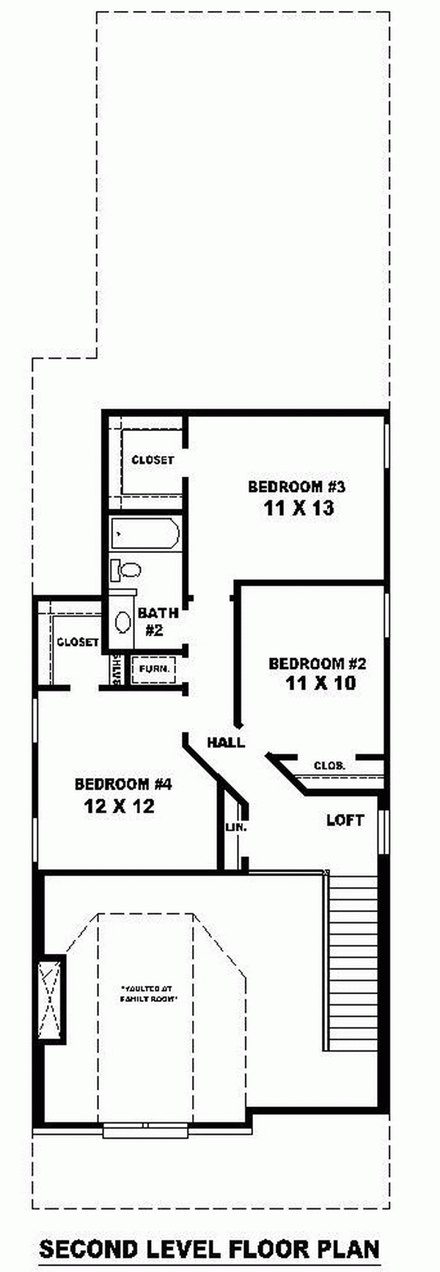 Country, Narrow Lot House Plan 46367 with 4 Beds, 3 Baths, 2 Car Garage Second Level Plan
