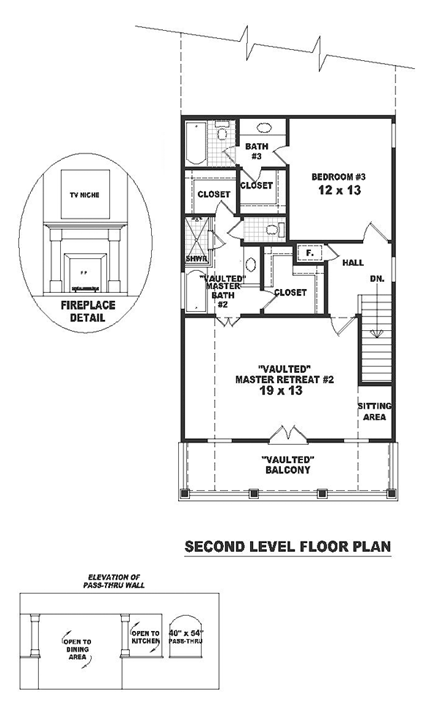 Colonial, Narrow Lot House Plan 46368 with 3 Beds, 3 Baths, 2 Car Garage Second Level Plan