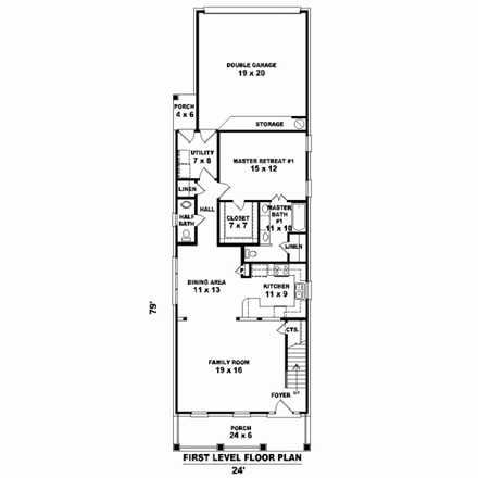 Narrow Lot House Plan 46369 with 3 Beds, 4 Baths, 2 Car Garage First Level Plan