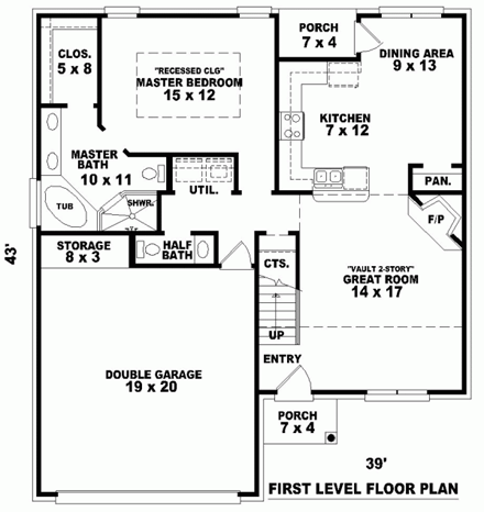 Traditional House Plan 46371 with 3 Beds, 3 Baths, 2 Car Garage First Level Plan