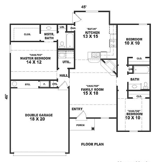 House Plan 46378 - Ranch Style with 1199 Sq Ft, 3 Bed, 2 Bath