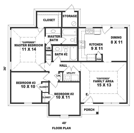 Narrow Lot, One-Story, Ranch House Plan 46379 with 3 Beds, 2 Baths First Level Plan