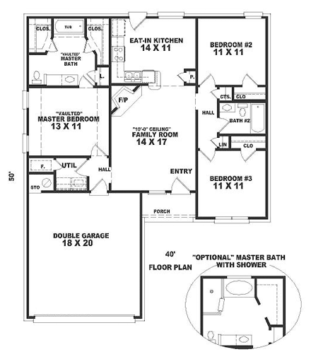 Narrow Lot, One-Story, Ranch House Plan 46383 with 3 Beds, 2 Baths, 2 Car Garage First Level Plan