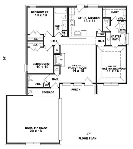 One-Story, Ranch House Plan 46386 with 3 Beds, 2 Baths, 2 Car Garage First Level Plan