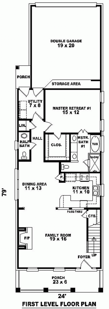Craftsman, Narrow Lot House Plan 46392 with 3 Beds, 4 Baths, 2 Car Garage First Level Plan