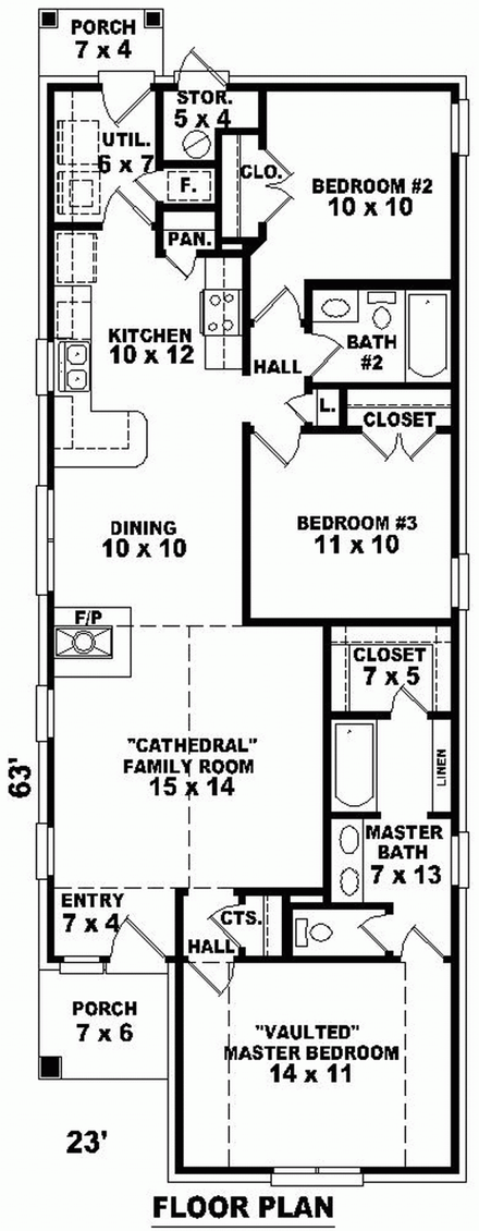 Narrow Lot, One-Story, Traditional House Plan 46395 with 3 Beds, 2 Baths First Level Plan