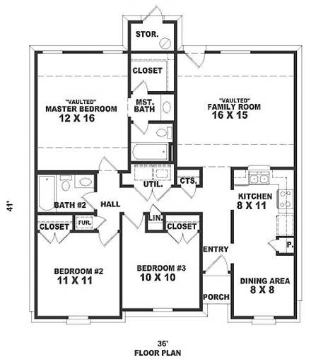 Narrow Lot, One-Story, Ranch House Plan 46396 with 3 Beds, 2 Baths First Level Plan