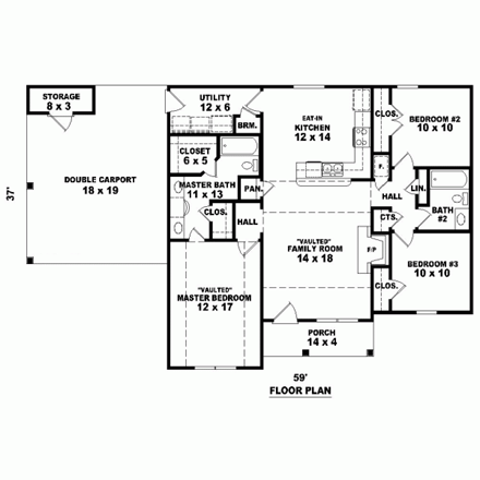 One-Story House Plan 46404 with 3 Beds, 2 Baths, 2 Car Garage First Level Plan