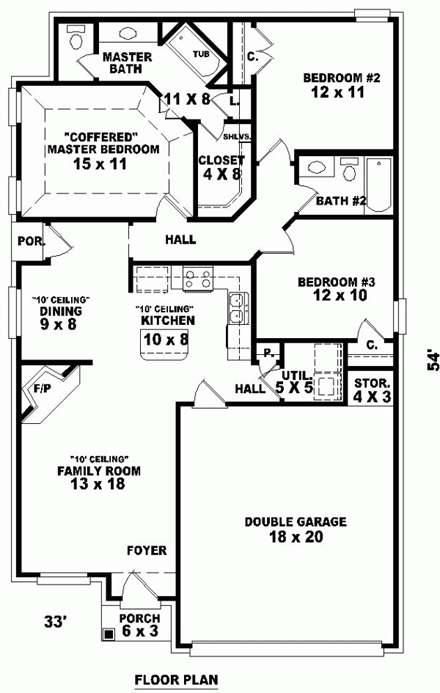European, Narrow Lot, One-Story House Plan 46405 with 3 Beds, 2 Baths, 2 Car Garage First Level Plan