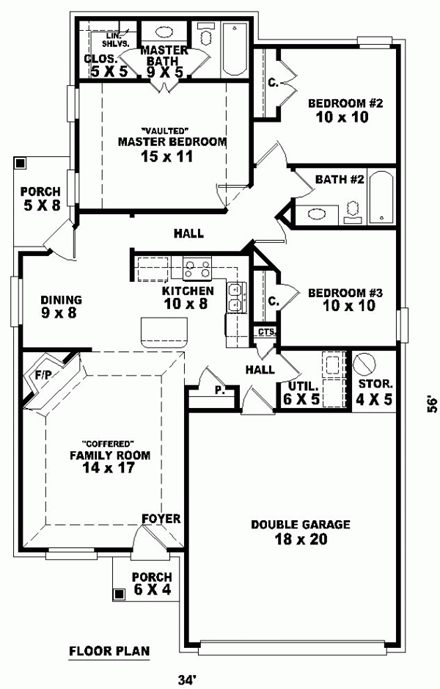European, Narrow Lot, One-Story House Plan 46406 with 3 Beds, 2 Baths, 2 Car Garage First Level Plan
