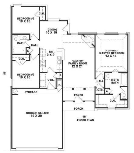 One-Story, Ranch House Plan 46414 with 3 Beds, 2 Baths, 2 Car Garage First Level Plan