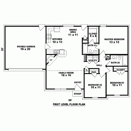 One-Story House Plan 46420 with 3 Beds, 2 Baths, 2 Car Garage First Level Plan