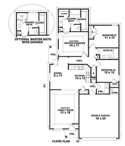 European, Narrow Lot, One-Story House Plan 46425 with 3 Beds, 2 Baths, 2 Car Garage First Level Plan