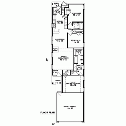Narrow Lot, One-Story House Plan 46434 with 3 Beds, 2 Baths, 2 Car Garage First Level Plan