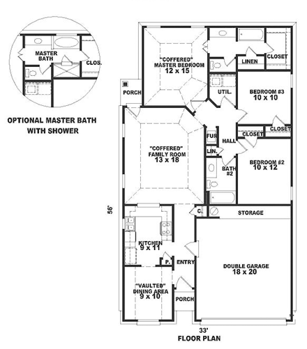 Narrow Lot, One-Story, Ranch House Plan 46437 with 3 Beds, 2 Baths, 2 Car Garage First Level Plan