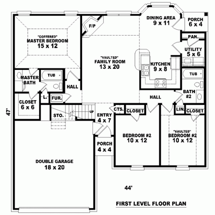 One-Story, Traditional House Plan 46441 with 3 Beds, 2 Baths, 2 Car Garage First Level Plan