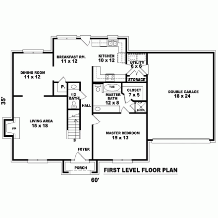 House Plan 46444 with 3 Beds, 3 Baths, 2 Car Garage First Level Plan