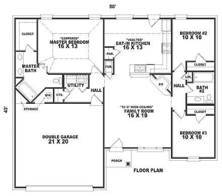 One-Story House Plan 46445 with 3 Beds, 2 Baths, 2 Car Garage First Level Plan