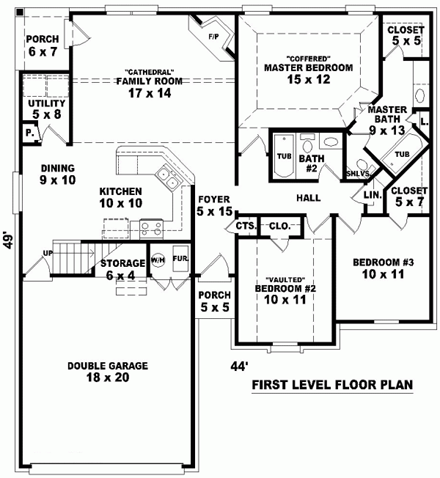 Traditional House Plan 46459 with 3 Beds, 2 Baths, 2 Car Garage First Level Plan