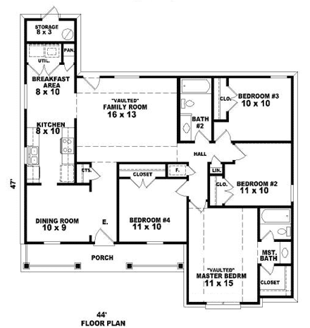 One-Story, Ranch House Plan 46473 with 3 Beds, 2 Baths First Level Plan