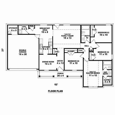 One-Story House Plan 46475 with 4 Beds, 2 Baths, 2 Car Garage First Level Plan
