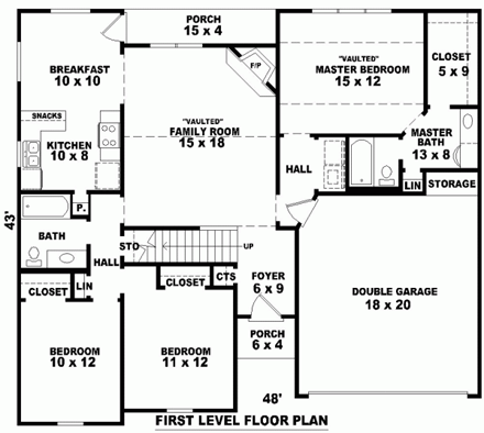 One-Story, Traditional House Plan 46482 with 3 Beds, 2 Baths, 2 Car Garage First Level Plan