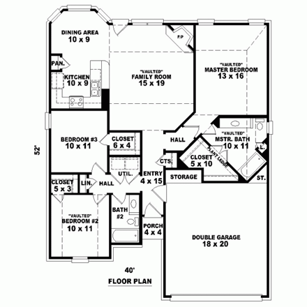 Narrow Lot, One-Story House Plan 46483 with 3 Beds, 2 Baths, 2 Car Garage First Level Plan